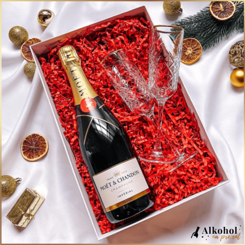 ŚWIĄTECZNY ZESTAW MOET BRUT + KRYSZTAŁOWE KIELISZKI W PUDEŁKU Z NADRUKIEM - PREZENT NA ŚWIĘTA