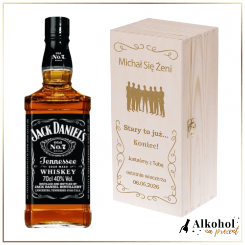 WIECZÓR KAWALERSKI JACK DANIEL'S W DREWNIANEJ SKRZYNCE Z NADRUKIEM - PREZENT NA WIECZÓR KAWALERSKI
