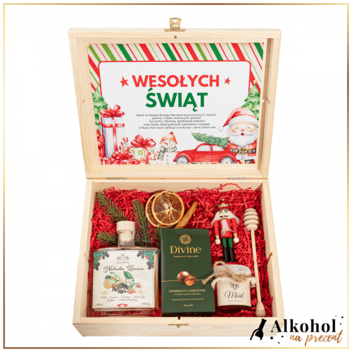 ŚWIĄTECZNY ZESTAW NALEWKA ZIMOWA W SKRZYNCE Z ŻYCZENIAMI - ZESTAW PREZENTOWY NA BOŻE NARODZENIE