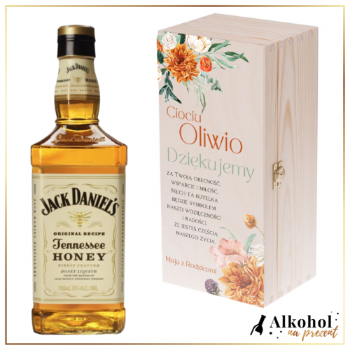 DZIĘKUJEMY CIOCIU WHISKEY JACK DANIEL'S HONEY W SKRZYNCE Z NADRUKIEM - PREZENT DLA CHRZESTNYCH