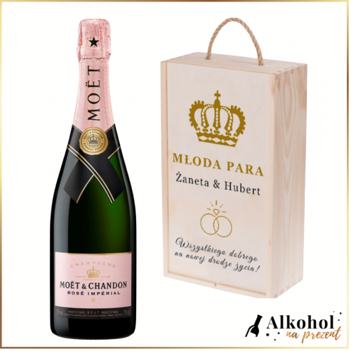 MŁODA PARA SZAMPAN MOËT & CHANDON ROSE IMPERIAL W DREWNIANEJ SKRZYNCE Z WŁASNYM NAPISEM