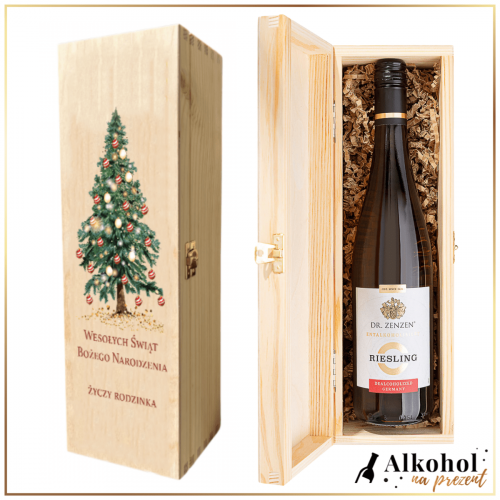 WINO BEZALKOHOLOWE DR ZENZEN RIESLING W ŚWIĄTECZNEJ SKRZYNCE Z NADRUKIEM - PREZENT NA BOŻE NARODZENIE