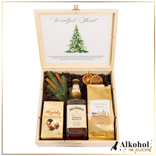 ŚWIĄTECZNY ZESTAW JACK DANIEL'S HONEY W DUŻEJ SKRZYNCE Z ŻYCZENIAMI - ZESTAW NA BOŻE NARODZENIE