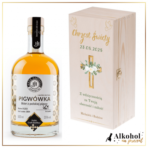 CHRZEST ŚWIĘTY LIKIER JAKOB HABERFELD PIGWÓWKA W SKRZYNCE Z NADRUKIEM - PREZENT DLA CHRZESTNYCH