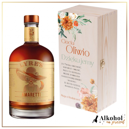 DZIĘKUJEMY CIOCIU LIKIER BEZALKOHOLOWY LYRE'S AMARETTI W SKRZYNCE Z NADRUKIEM - PREZENT DLA CHRZESTNYCH