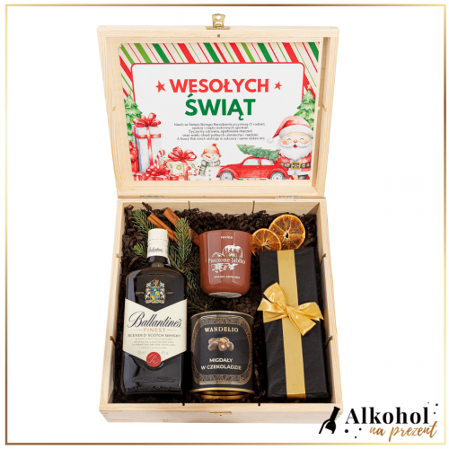 ŚWIĄTECZNY ZESTAW WHISKY BALLANTINE'S FINEST ZE ŚWIECZKĄ W DUŻEJ SKRZYNCE Z ŻYCZENIAMI - ZESTAW NA BOŻE NARODZENIE