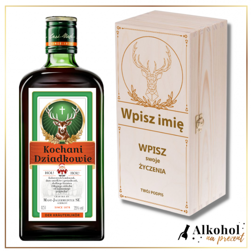 ŚWIĘTY MIKOŁAJ JAGERMEISTER W SKRZYNCE Z NADRUKIEM - PREZENT NA ŚWIĘTA