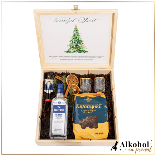 ŚWIĄTECZNY ZESTAW WÓDKA J.A. BACZEWSKI VODKA W DUŻEJ SKRZYNCE Z ŻYCZENIAMI - ZESTAW NA BOŻE NARODZENIE