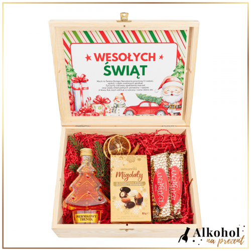 ŚWIĄTECZNY ZESTAW LIKIER PIERNIKOWY TRUNEK CHOINKA W SKRZYNCE Z ŻYCZENIAMI - ZESTAW PREZENTOWY NA ŚWIĘTA BOŻEGO NARODZENIA