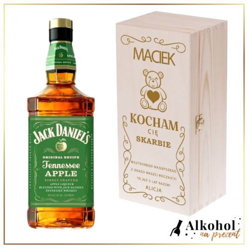 MIŚ WALENTYNKOWY JACK DANIEL'S APPLE + DREWNIANA SKRZYNKA Z WŁASNYM TEKSTEM