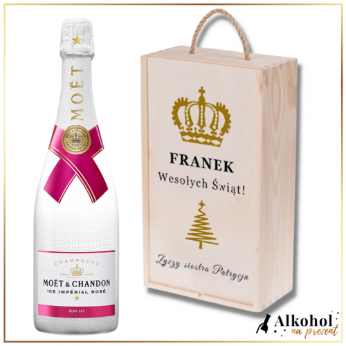 WESOŁYCH ŚWIĄT MOET ICE ROSE W DREWNIANEJ SKRZYNCE Z WŁASNYM NAPISEM