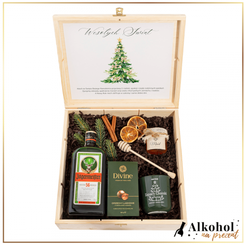 ŚWIĄTECZNY ZESTAW LIKIER JAGERMEISTER W DUŻEJ SKRZYNCE Z ŻYCZENIAMI - ZESTAW NA BOŻE NARODZENIE