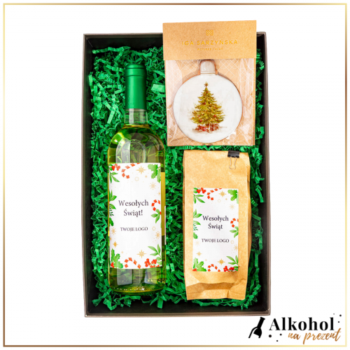 ŚWIĄTECZNY ZESTAW WINO BIAŁE Z KAWĄ - ZESTAW PREZENTOWY NA ŚWIĘTA BOŻEGO NARODZENIA