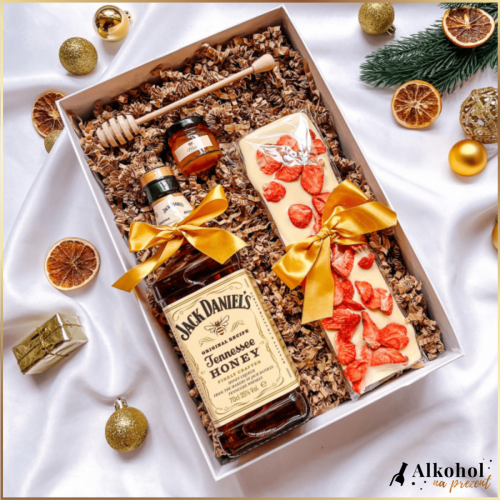 ZESTAW JACK DANIEL'S HONEY Z PUDEŁKIEM Z NADRUKIEM - PREZENT NA BOŻE NARODZENIE
