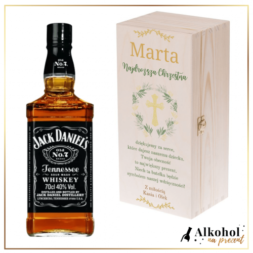 PAMIĄTKA CHRZTU ŚWIĘTEGO WHISKEY JACK DANIEL'S W SKRZYNCE Z NADRUKIEM - PREZENT DLA CHRZESTNYCH