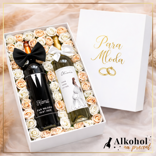 ŚLUBNY ZESTAW WINO CZERWONE & WINO BIAŁE W KREMOWYCH RÓŻACH