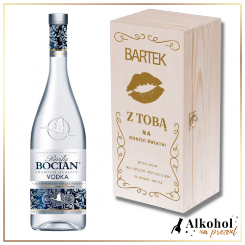 Z TOBĄ NA KONIEC ŚWIATA BOCIAN BIAŁY + DREWNIANA SKRZYNKA Z TEKSTEM