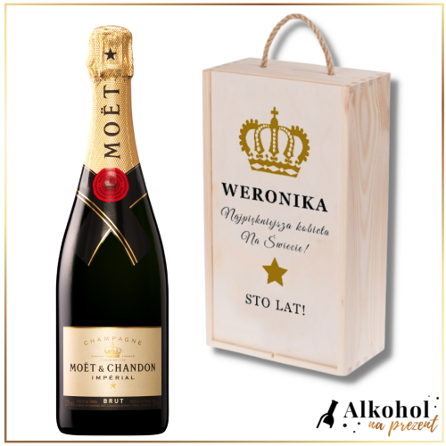 URODZINOWY SZAMPAN MOET & CHANDON BRUT IMPERIAL W DREWNIANEJ SKRZYNCE Z WŁASNYM TEKSTEM