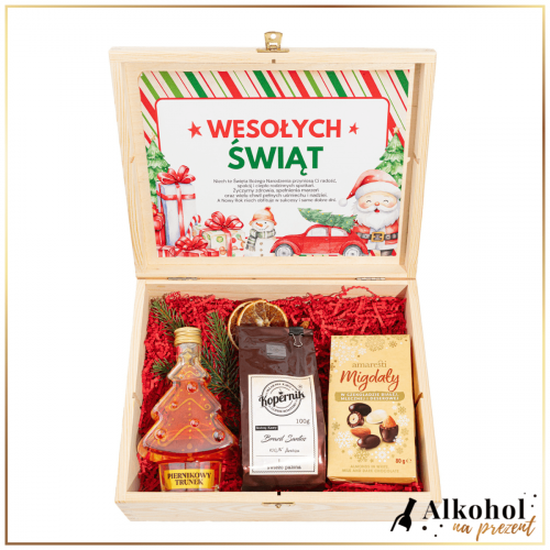 ŚWIĄTECZNY ZESTAW LIKIER PIERNIKOWY TRUNEK CHOINKA W SKRZYNCE ŻYCZENIAMI - ZESTAW NA BOŻE NARODZENIE