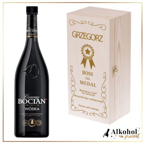 BOSS NA MEDAL BOCIAN CZARNY W SKRZYNCE Z NADRUKIEM - PREZENT DLA SZEFA