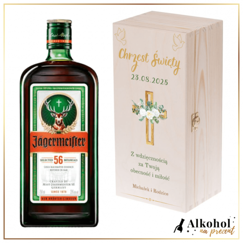 CHRZEST ŚWIĘTY LIKIER JAGERMEISTER W SKRZYNCE Z NADRUKIEM - PREZENT DLA CHRZESTNYCH