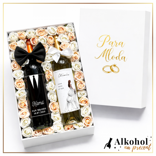 ŚLUBNY ZESTAW WINO CZERWONE & WINO BIAŁE W KREMOWYCH RÓŻACH