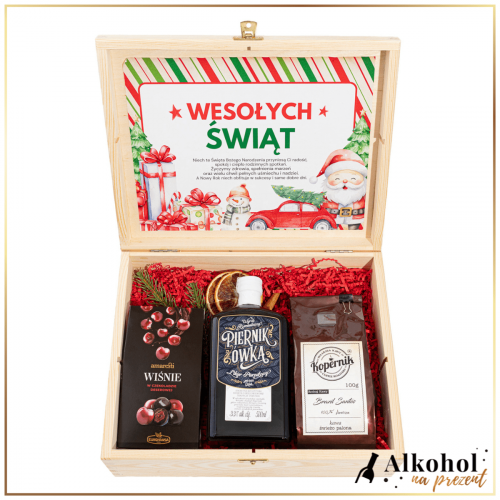 ŚWIĄTECZNY ZESTAW LIKIER PIERNIKÓWKA W SKRZYNCE Z ŻYCZENIAMI - ZESTAW NA BOŻE NARODZENIE