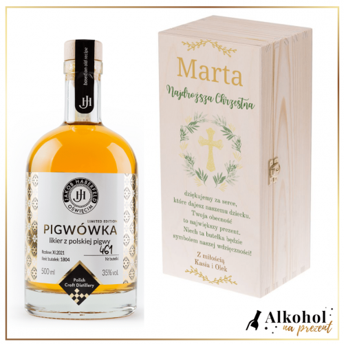 PAMIĄTKA CHRZTU ŚWIĘTEGO LIKIER JAKOB HABERFELD PIGWÓWKA W SKRZYNCE Z NADRUKIEM - PREZENT DLA CHRZESTNYCH