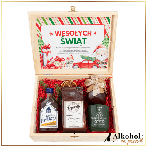 ŚWIĄTECZNY ZESTAW SYROP PIERNIKOWY ZE ŚWIECZKĄ W SKRZYNCE Z ŻYCZENIAMI - PREZENT NA ŚWIĘTA BOŻEGO NARODZENIA