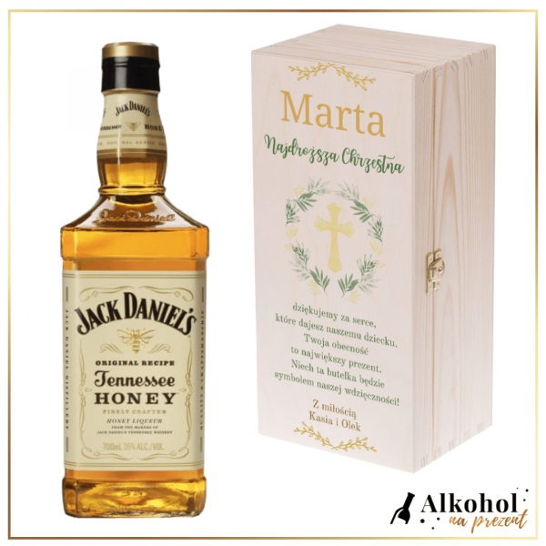 PAMIĄTKA CHRZTU ŚWIĘTEGO WHISKEY JACK DANIEL'S HONEY W SKRZYNCE Z NADRUKIEM - PREZENT DLA CHRZESTNYCH
