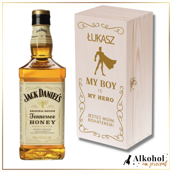 JACK DANIEL'S HONEY + DREWNIANA SKRZYNKA Z NADRUKIEM MY BOY IS MY HERO