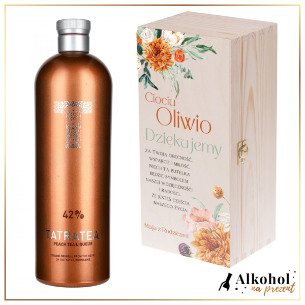 DZIĘKUJEMY CIOCIU LIKIER TATRATEA PEACH W SKRZYNCE Z NADRUKIEM - PREZENT DLA CHRZESTNYCH