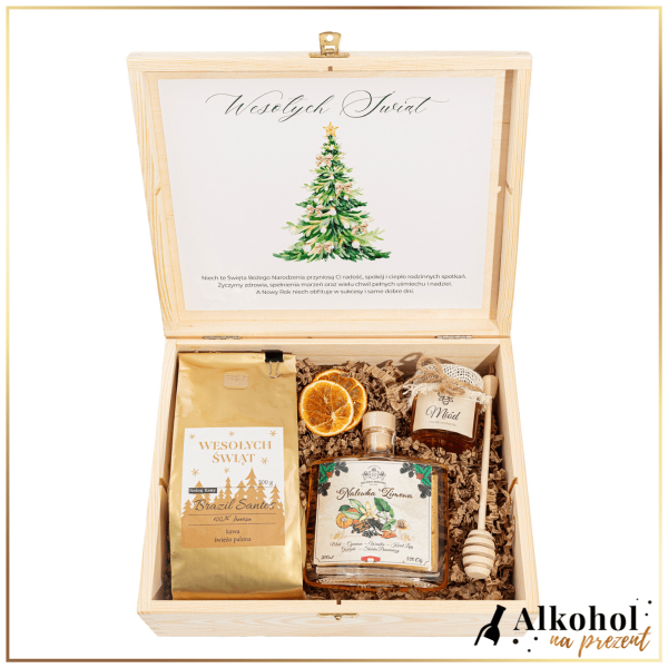 ŚWIĄTECZNY ZESTAW NALEWKA ZIMOWA W SKRZYNCE Z ŻYCZENIAMI - ZESTAW PREZENTOWY NA ŚWIĘTA BOŻEGO NARODZENIA