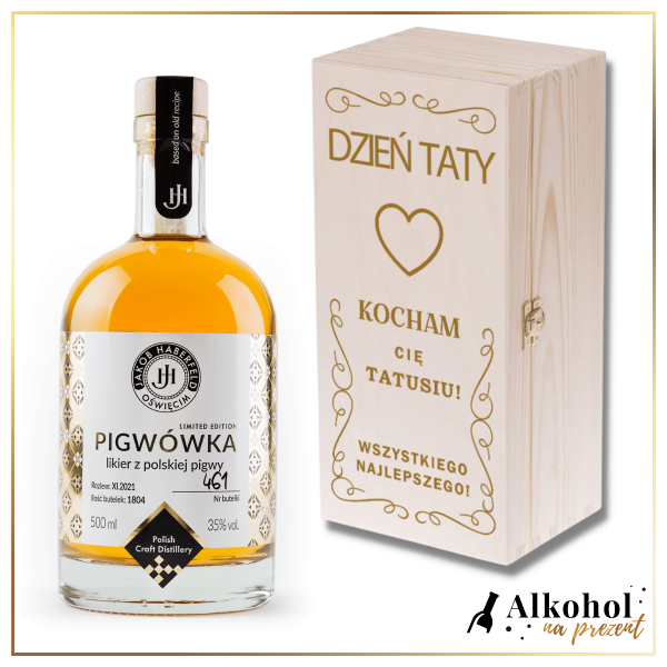 DZIEŃ TATY LIKIER JAKOB HABERFELD PIGWÓWKA 0.5L W SKRZYNCE Z NADRUKIEM - PODARUNEK NA DZIEŃ TATY