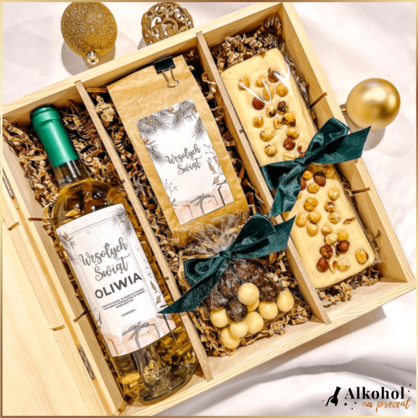 ŚWIĄTECZNE GAŁĄZKI ZESTAW WINO BIAŁE Z KAWĄ I CZEKOLADĄ W SKRZYNCE - PREZENT NA BOŻE NARODZENIE