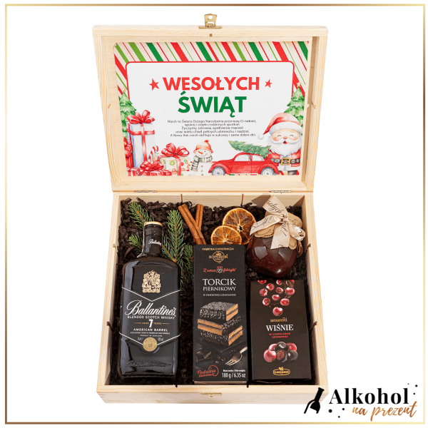 ŚWIĄTECZNY ZESTAW WHISKY BALLANTINE'S 7-LETNI W DUŻEJ SKRZYNCE Z ŻYCZENIAMI - ZESTAW NA BOŻE NARODZENIE