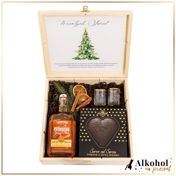 ŚWIĄTECZNY ZESTAW WÓDKA TORUŃSKA PIERNIKOWA W DUŻEJ SKRZYNCE Z ŻYCZENIAMI - ZESTAW NA BOŻE NARODZENIE