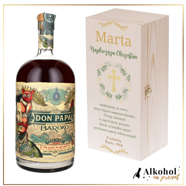 PAMIĄTKA CHRZTU ŚWIĘTEGO RUM DON PAPA BAROKO W SKRZYNCE Z NADRUKIEM - PREZENT DLA CHRZESTNYCH