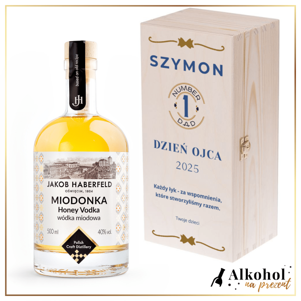 TATA NUMER 1 WÓDKA JAKOB HABERFELD MIODONKA 0.5L W SKRZYNCE Z NADRUKIEM - PREZENT NA DZIEŃ TATY
