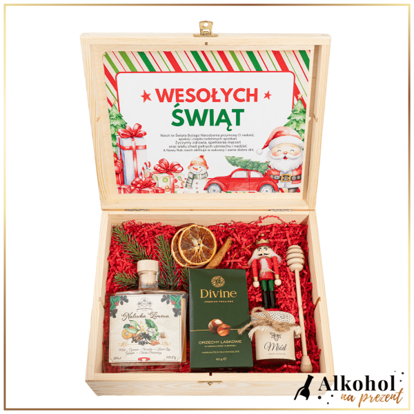 ŚWIĄTECZNY ZESTAW NALEWKA ZIMOWA W SKRZYNCE Z ŻYCZENIAMI - ZESTAW PREZENTOWY NA BOŻE NARODZENIE