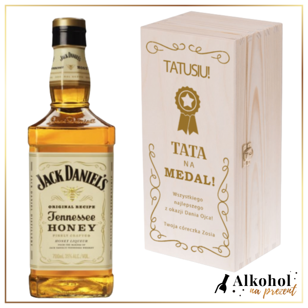 TATA NA MEDAL JACK DANIEL'S HONEY W DREWNIANEJ SKRZYNCE Z WŁASNYM NADRUKIEM