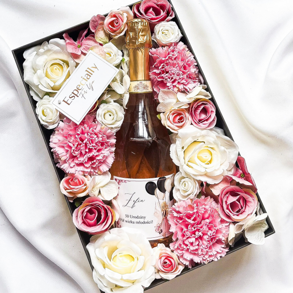 DZIEWCZYNA Z BALONAMI 50 URODZINY PROSECCO AMANTI ROSE WE FLOWERBOX - PREZENT NA 50 URODZINY