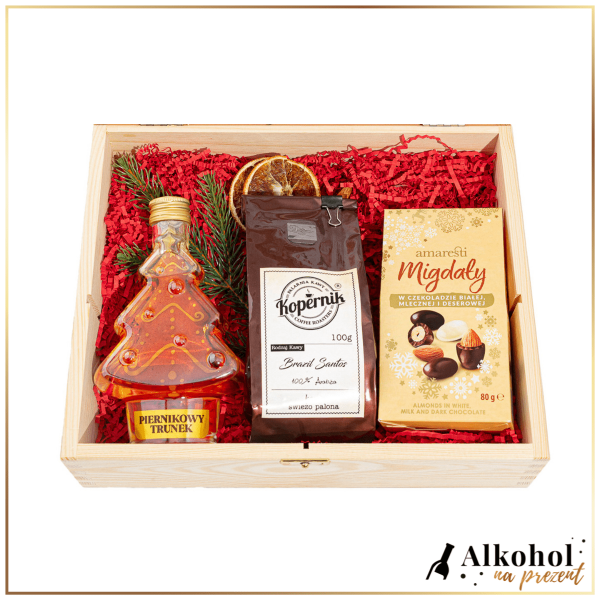 ŚWIĄTECZNY ZESTAW LIKIER PIERNIKOWY TRUNEK CHOINKA W SKRZYNCE ŻYCZENIAMI - ZESTAW NA BOŻE NARODZENIE