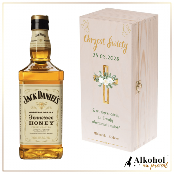 CHRZEST ŚWIĘTY WHISKEY JACK DANIEL'S HONEY W SKRZYNCE Z NADRUKIEM - PREZENT DLA CHRZESTNYCH