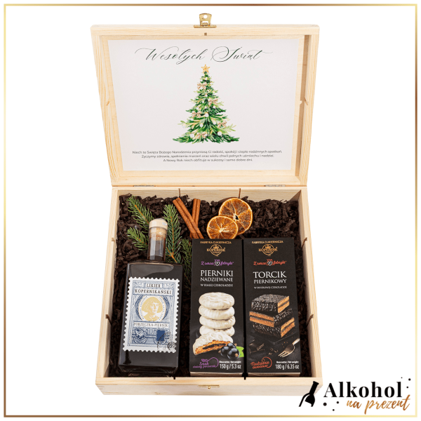 ŚWIĄTECZNY ZESTAW LIKIER KOPERNIKAŃSKI PORZECZKA-PIERNIK W DUŻEJ SKRZYNCE Z ŻYCZENIAMI - ZESTAW NA BOŻE NARODZENIE