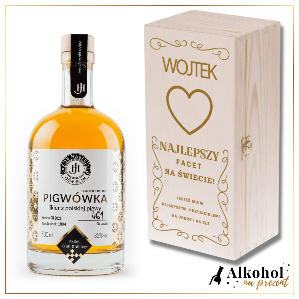NAJLEPSZY FACET NA ŚWIECIE LIKIER JAKOB HABERFELD PIGWÓWKA 0.5L W SKRZYNCE Z NADRUKIEM - PREZENT DLA UKOCHANEGO