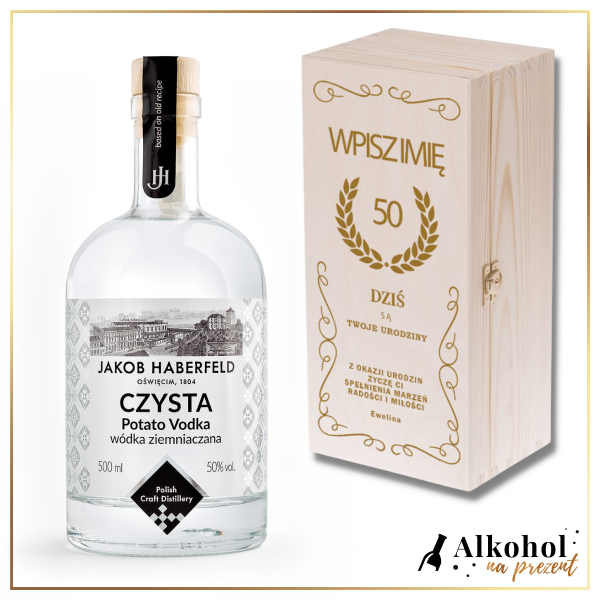 ELEGANCKIE ŻYCZENIA URODZINOWE WÓDKA JAKOB HABERFELD CZYSTA 0.5L W SKRZYNCE Z NADRUKIEM - PREZENT NA URODZINY