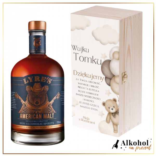 DZIĘKUJEMY WUJKU WHISKEY BEZALKOHOLOWA LYRE'S AMERICAN MALT W SKRZYNCE Z NADRUKIEM - PREZENT DLA CHRZESTNEGO