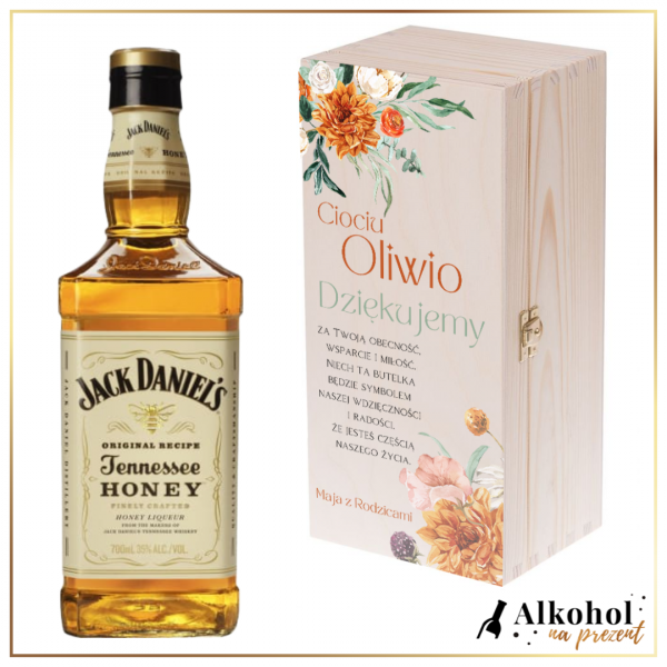 DZIĘKUJEMY CIOCIU WHISKEY JACK DANIEL'S HONEY W SKRZYNCE Z NADRUKIEM - PREZENT DLA CHRZESTNYCH