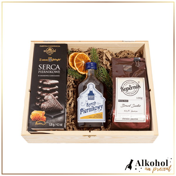 ŚWIĄTECZNY ZESTAW SYROP PIERNIKOWY W SKRZYNCE Z ŻYCZENIAMI - ZESTAW PREZENTOWY NA ŚWIĘTA